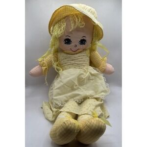 Vintage 1980s Cuddle Wit Rag Doll Plush Yellow Floral Prairie Dress 30"
